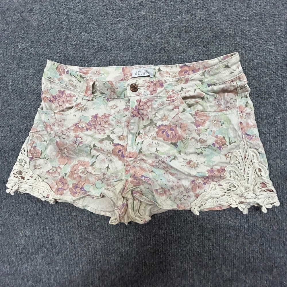 dELiA*s Shorts Womens Size 11/12 Floral Crochet Lace Trim Pastel Denim Casual